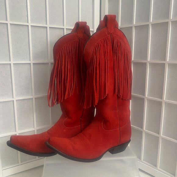 Lane Red Cowboy Suede Fringe Boots Sz. 9 1/2 Leather Exterior and Interior. - Picture 2 of 6